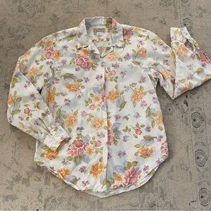 L.L. Bean Vintage Floral Button Down Shirt 100% Cotton 8 White Pink Orange Green